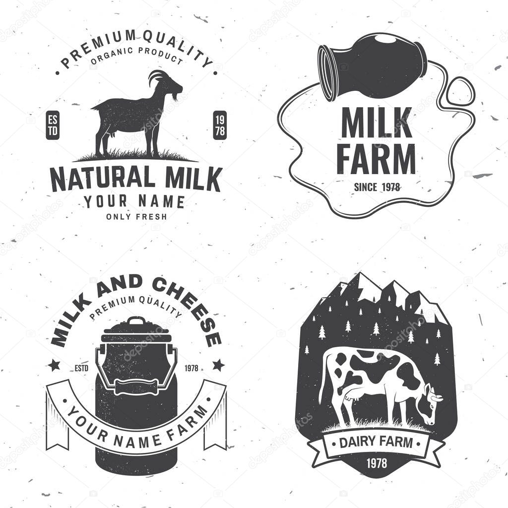 Dairy farm. Only fresh milk badge, logo. Vector illustration. Typography design with cow, goat silhouette. Template for dairy and milk farm business - shop, market, packaging and menu
