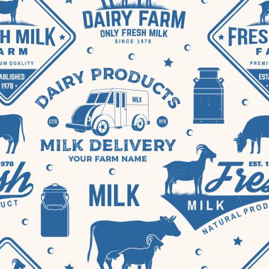 Süt çiftliği pürüzsüz desen ya da arka plan. İnek, keçi, süt kutusu silueti olan vektörsüz süt çiftliği deseni. Süt ve süt çiftliği işletmeleri - dükkan, pazar, ambalaj ve menü