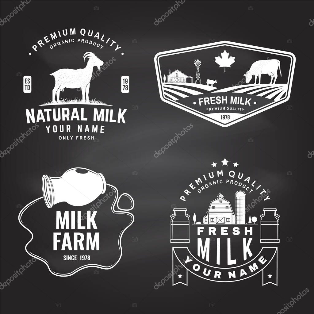 Dairy farm. Only fresh milk badge, logo on the chalkboard. Vector illustrator. Typography design with cow, goat silhouette. Template for dairy and milk farm business shop, market, packaging and menu