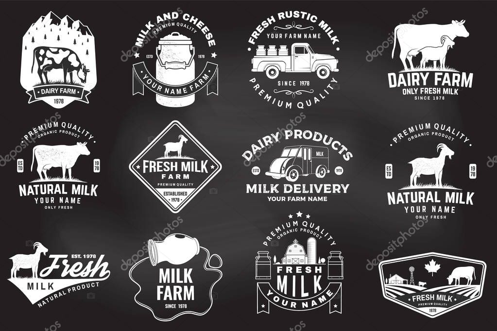 Dairy farm. Only fresh milk badge, logo on the chalkboard. Vector illustration. Typography design with cow, goat silhouette. Template for dairy and milk farm business shop, market, packaging and menu
