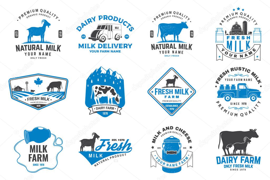 Fresh rustic milk badge, logo. Vector illustration. Typography design with cow, milk farm, truck silhouette. Template for dairy and milk farm business - shop, market, packaging and menu