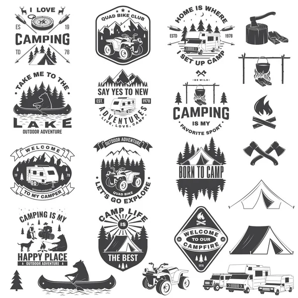 디자인 요소가 있는 캠핑 배지 세트. 벡터입니다. 셔츠 나 로고 , 인쇄, 우표 혹은 티 에 대한 개념. — 스톡 벡터