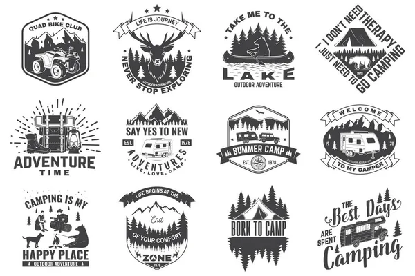 Set of camping badges. Vector. Concept for shirt or logo, print, stamp or tee. Vintage typography design with quad bike, tent, mountain, camper trailer and forest silhouette. — Stock Vector