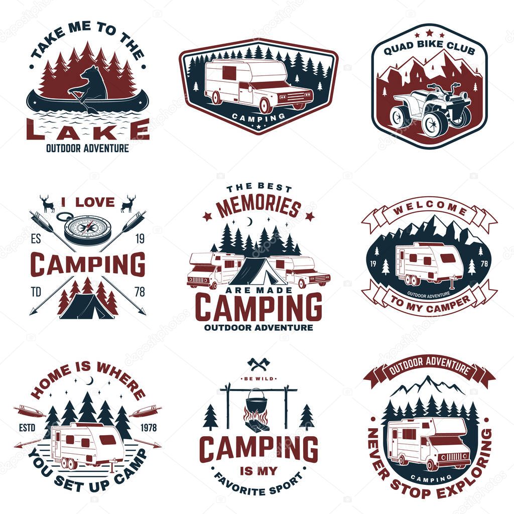 Set of camping badges. Vector. Concept for shirt or logo, print, stamp or tee. Vintage typography design with quad bike, tent, mountain, camper trailer and forest silhouette.