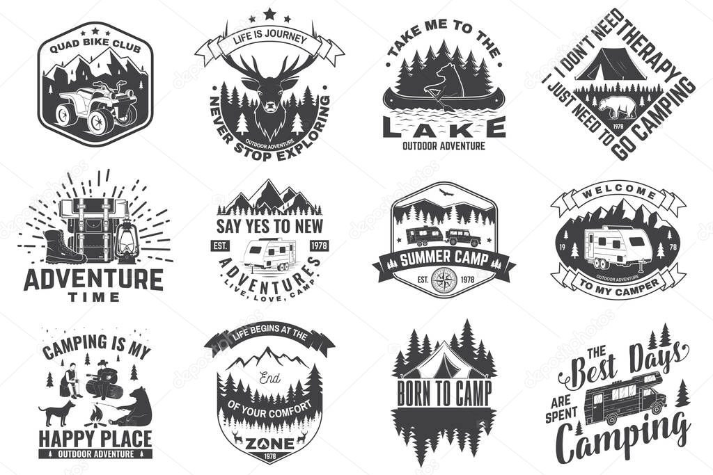 Set of camping badges. Vector. Concept for shirt or logo, print, stamp or tee. Vintage typography design with quad bike, tent, mountain, camper trailer and forest silhouette.