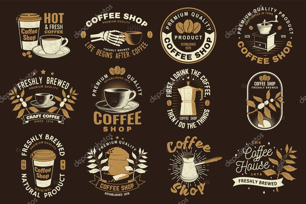 Set of Coffe shop logo, badge template. Vector. Typography design with paper coffee cup and branch of coffee tree, skeleton hand silhouette. Template for menu for restaurant, cafe, bar, packaging