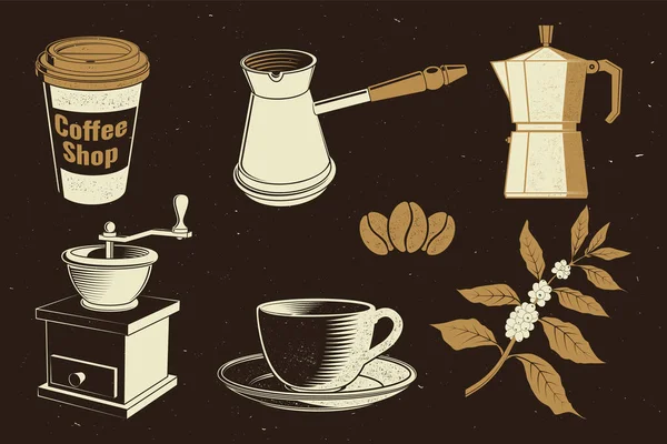 Vintage koffieapparatuur. Vector. Set bestaat uit papieren koffiebeker, molen, bonen, kopje en tak van koffieboom silhouet. Ikoon voor menu voor restaurant, café, bar, verpakking — Stockvector