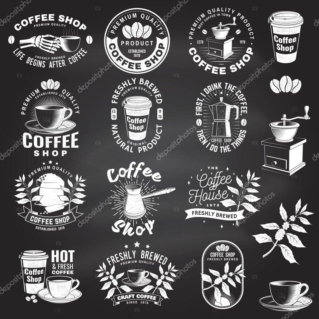 Set of Coffe shop logo, badge template on the chalkboard. Vector illustration. Typography design with coffee grinder and coffee maker silhouette. Template for menu for restaurant, cafe, bar, packaging