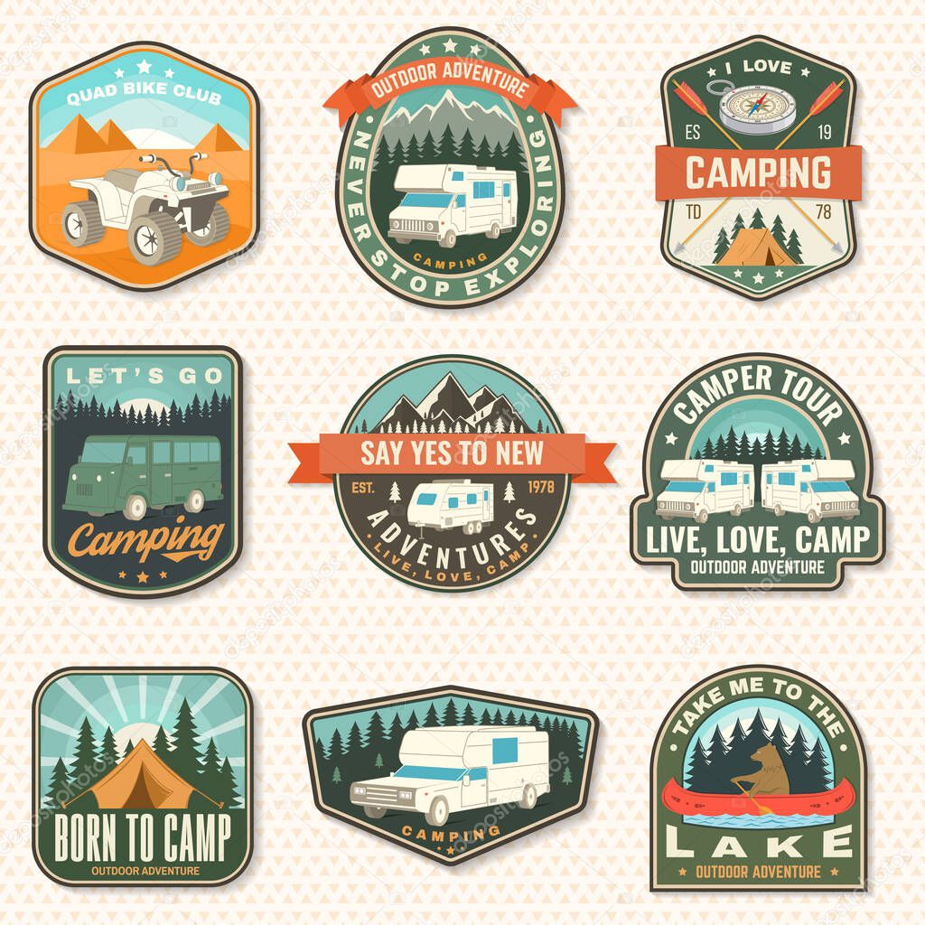 Set of camping badges. Vector. Patch or sticker. Concept for shirt or logo, print, stamp or tee. Vintage typography design with quad bike, tent, mountain, camper trailer and forest silhouette.