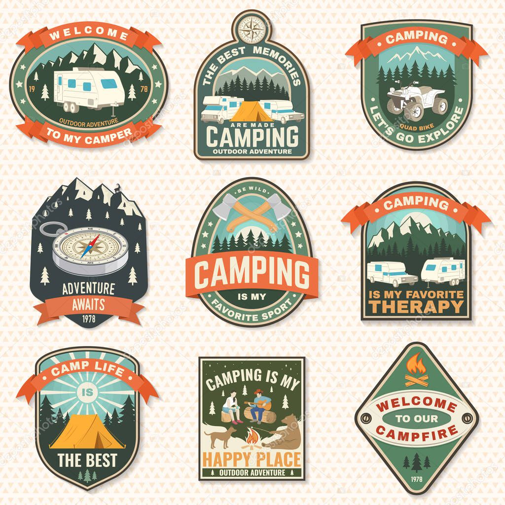 Set of camping badges. Vector. Patch or sticker. Concept for shirt or logo, print, stamp or tee. Vintage typography design with compass, tent, mountain, camper trailer and forest silhouette.