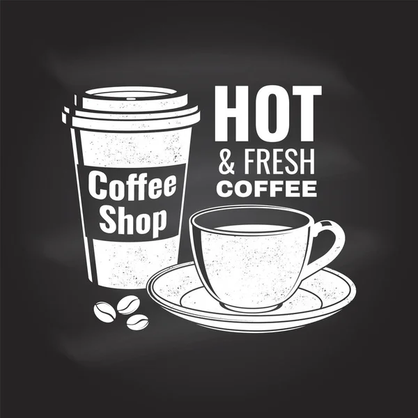 Logotipo da loja Coffe, modelo de crachá no quadro. Vector. Desenho tipográfico com silhueta de xícara de café. Modelo para menu para restaurante, café, bar, embalagem — Vetor de Stock