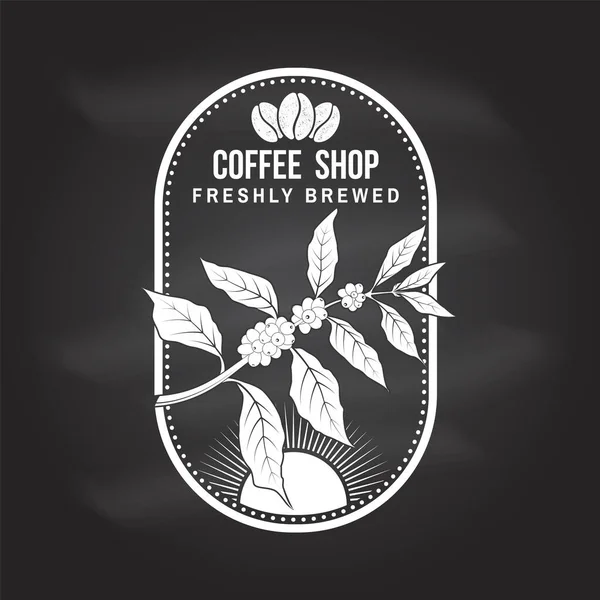 Logotipo da loja Coffe, modelo de crachá no quadro. Vector. Desenho tipográfico com xícara de café e ramo de silhueta de árvore de café. Modelo para menu para restaurante, café, bar, embalagem — Vetor de Stock