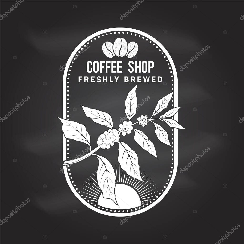 Coffe shop logo, badge template on the chalkboard. Vector illustration. Typography design with coffee cup and branch of coffee tree silhouette. Template for menu for restaurant, cafe, bar, packaging