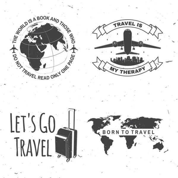 Set of travel badge, logo. Travel inspiration quotes with suitcase, airplane, globe silhouette Vector illustration. Motivation for traveling poster typography. — Stock Vector