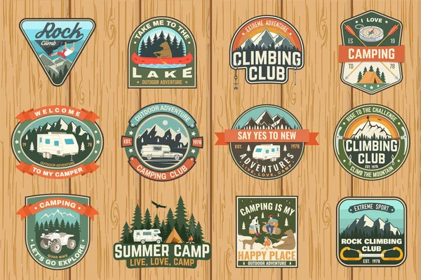 Set of Rock Climbing club and summer camp badges. Vector Concept for shirt or print, stamp, patch or tee. Vintage typography design with camping tent, trailer, camper, climber, carabiner and mountains — Stock Vector