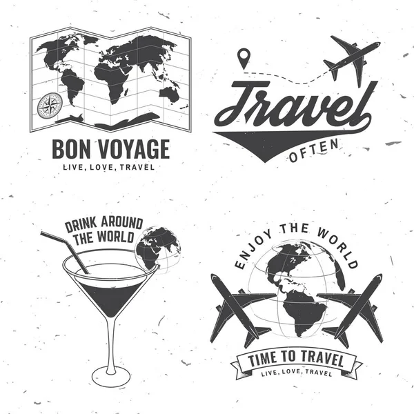 Utazási jelvény készlet, logó Utazási inspirációs idézetek földgömbbel, repülőgéppel, bőrönddel és koktél sziluettel. Vektor illusztráció. Motiváció utazási plakát tipográfia. — Stock Vector