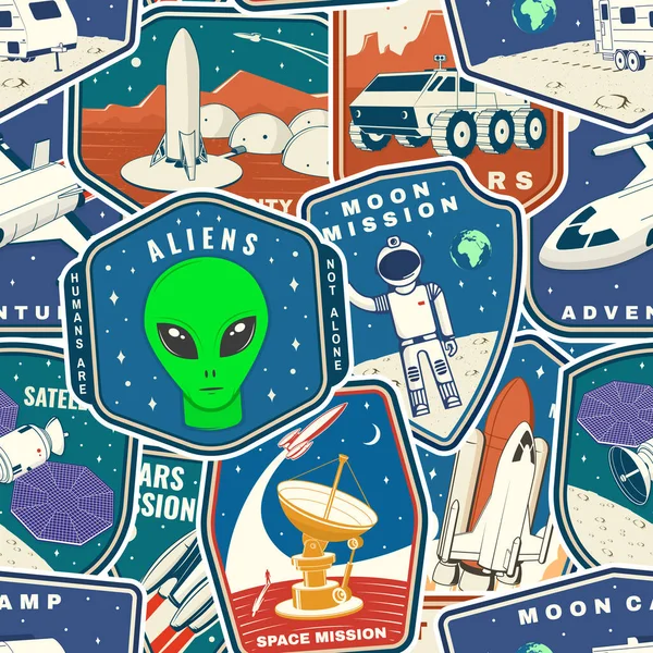 Set of space mission colorful seamless pattern with space rocket alien, mars city, camper van on the moon and earth silhouette. Vector. Background, wallpaper, seamless pattern with patches — Stock Vector