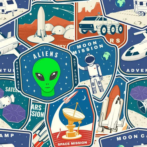 Set of space mission colorful seamless pattern with space rocket alien, mars city, camper van on the moon and earth silhouette. Vector. Background, wallpaper, seamless pattern with patches