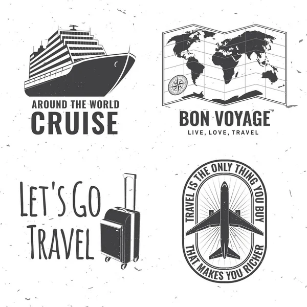 Set of travel badge, logo Travel inspiration quotes with globe, airplane, suitcase and cruise ship silhouette. Vector illustration. Motivation for traveling poster typography. — Stockový vektor