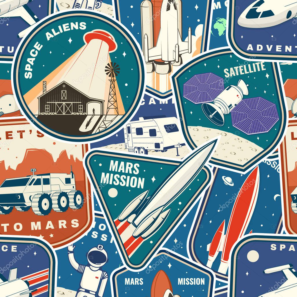 Set of space mission colorful seamless pattern with space rocket, alien, mars city, camper van on the moon and earth silhouette. Vector. Background, wallpaper, seamless pattern with patches