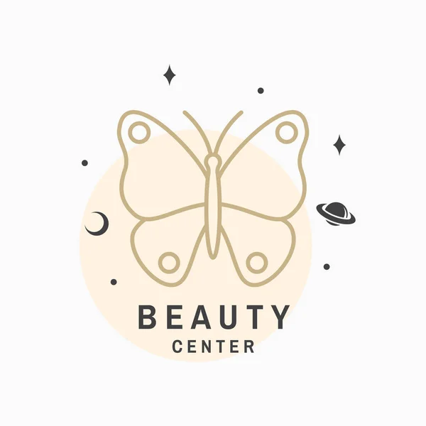 Beauty center με πεταλούδα για λογότυπο, ετικέτα, σήμα, σήμα, έμβλημα. Σετ καλλυντικών, κοσμημάτων, ομορφιάς και χειροποίητων προϊόντων, τατουατζίδικα. Γραμμικό μοντέρνο στυλ. Εικονογράφηση διανύσματος. Λεπτή γραμμή εικονίδιο — Διανυσματικό Αρχείο