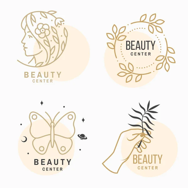 Set med Beauty center emblem med kvinna ansikte och blomma med blad. Skönhetscenter etikett, märke, skylt för kosmetika, smycken, skönhet, handgjorda produkter, tatuering studior. Linjär trendig stil. Vektor — Stock vektor