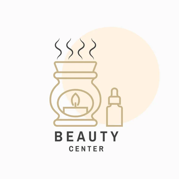 Beauty center with ceramic candle aroma oil lamp for logo, label, badge, sign, emblem. Set for cosmetics, jewellery, beauty and handmade products, tattoo studios. Linear trendy style. Vector — Stock Vector