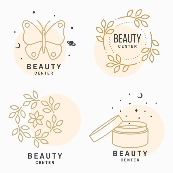 Set med Beauty Center emblem med fjäril, kosmetisk kräm, blommor. Skönhetscenter etikett, bricka, skylt för kosmetika, smycken, skönhet. Linjär trendig stil vektor — Stock vektor