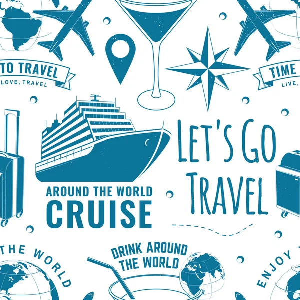 Travel seamless pattern or background with design element. Seamless scene with travel inspiration quotes, globe, airplane, suitcase, cocktail silhouette Vector illustration. Motivation for traveling — Stockový vektor