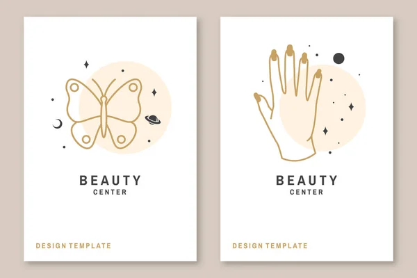 Hand with natural manicure and butterfly logo, label, badge, sign, emblem, beauty center Set for cosmetics, jewellery, beauty and handmade products, tattoo studios. Linear trendy style. Vector — Image vectorielle
