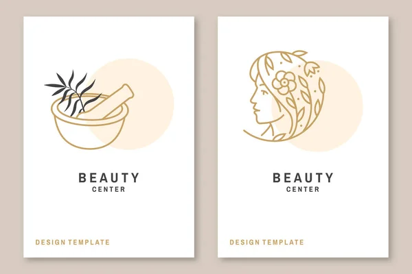 Beauty center with flowers, mortar and pestle, woman face for logo, label, badge, sign, emblem. For cosmetics, jewellery, beauty and handmade products, tattoo studios. Linear trendy style. Vector — Image vectorielle