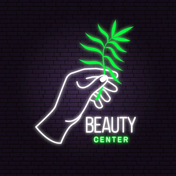 Neon sign. Hand with leaf logo, label, badge, sign, emblem, beauty center. Set for cosmetics, jewellery, beauty and handmade products, tattoo studios. Linear trendy style. Vector illustration — Stockový vektor