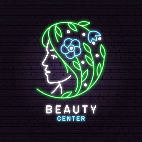 Neonskylt. Kvinnligt ansikte och blomma med blad logotyp, etikett, bricka, emblem. Skönhetssalong för kosmetika, smycken, skönhet och handgjorda produkter, tatueringsstudior. Linjär trendig stil. Vektor — Stock vektor
