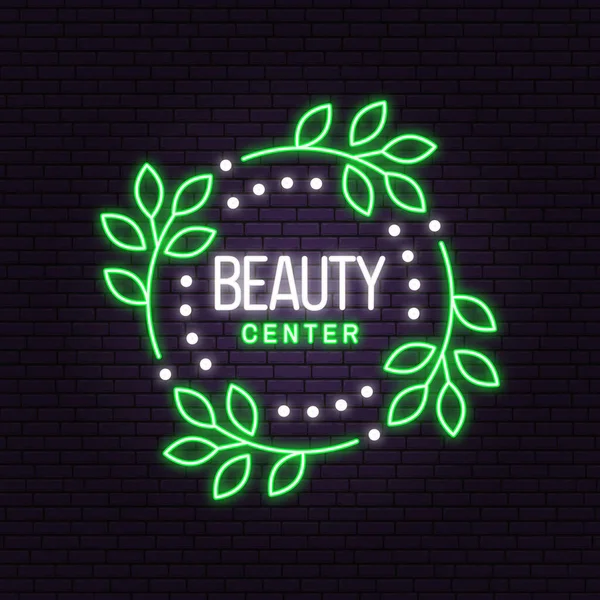 Neon sign. Beauty center with flowers for logo, label, badge, sign, emblem. Set for cosmetics, jewellery, beauty and handmade products, tattoo studios. Linear trendy style. Vector illustration — Archivo Imágenes Vectoriales