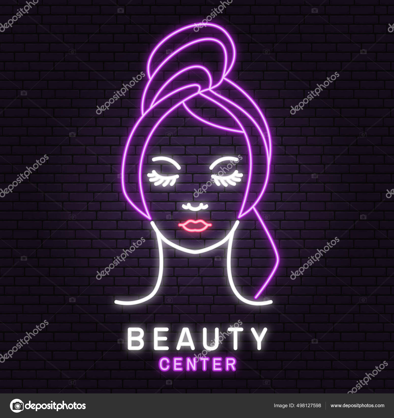 Neon sign. Woman face for logo, label, badge, emblem. Pretty lady