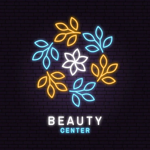 Πινακίδα νέον. Beauty Center με λουλούδια για λογότυπο, ετικέτα, σήμα, νέον σήμα, έμβλημα. Σετ καλλυντικών, κοσμημάτων, ομορφιάς και χειροποίητων προϊόντων, τατουάζ. Γραμμικό μοντέρνο στυλ. Διάνυσμα — Διανυσματικό Αρχείο