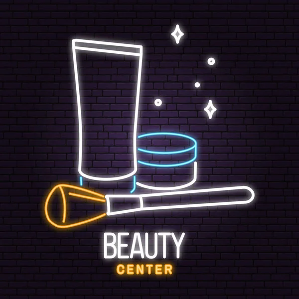 Πινακίδα νέον. Beauty center με καλλυντική κρέμα, πινέλο μακιγιάζ για λογότυπο, ετικέτα, σήμα, πινακίδα νέον, έμβλημα Σετ καλλυντικών, κοσμημάτων, ομορφιάς και χειροποίητων προϊόντων, τατουάζ. Γραμμικό μοντέρνο στυλ. Διάνυσμα — Διανυσματικό Αρχείο