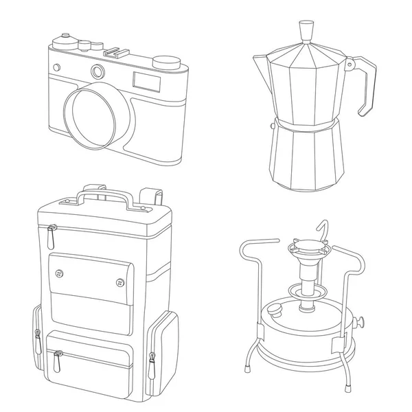Symbole der Campinglinie auf weißem Hintergrund. Vektorillustration. Set beinhaltet Retro-Fotokamera, Geysir-Kaffeemaschine, Rucksack und alten Camping-Primus — Stockvektor