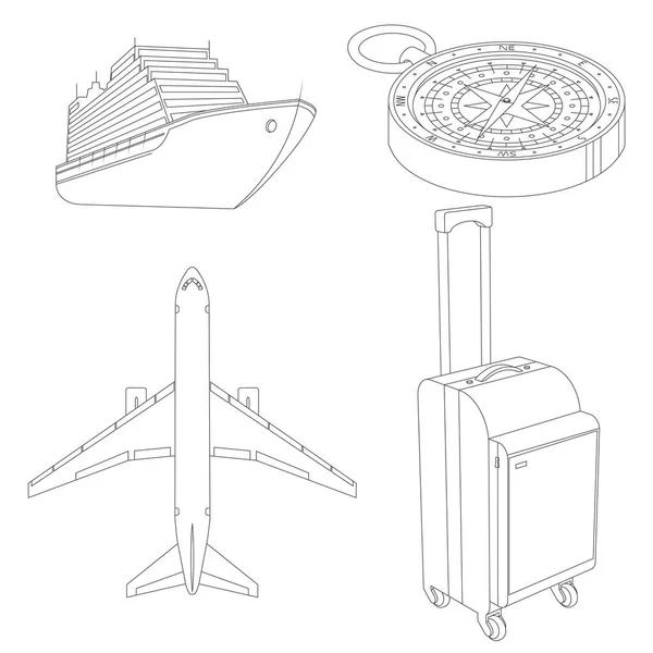 Ícones de linha de acampamento no fundo branco. Conjunto de ilustrações vetoriais incluem navio de cruzeiro retro, avião, mala e bússola retro Ícones de linha fina —  Vetores de Stock