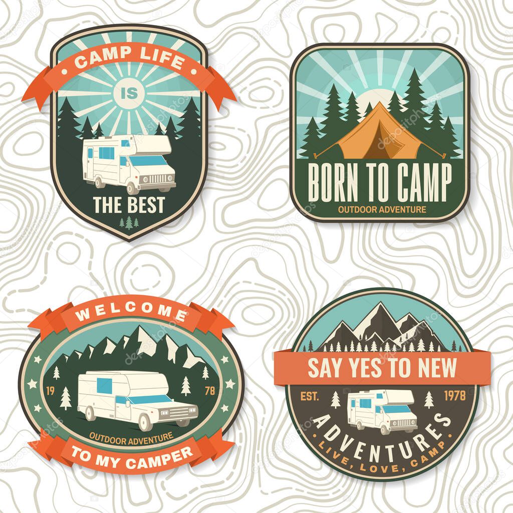 Set of camping badges, patches. Vector illustration. Concept for shirt or logo, print, stamp or tee. Vintage typography design with camping tent, forest, camper and mountain silhouette.