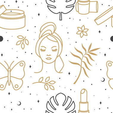 Güzellik merkezi güzellik salonu, sağlık hizmetleri, kozmetik merkezi kozmetik merkezi için kozmetik desen, arka plan, duvar kağıdı, paketleme şablonları. Vektör çizimi. Çizgi sanatı.