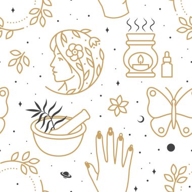 Güzellik merkezi güzellik salonu, sağlık hizmetleri, kozmetik merkezi kozmetik merkezi için kozmetik desen, arka plan, duvar kağıdı, paketleme şablonları. Vektör çizimi. Çizgi sanatı.