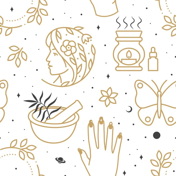 Güzellik merkezi güzellik salonu, sağlık hizmetleri, kozmetik merkezi kozmetik merkezi için kozmetik desen, arka plan, duvar kağıdı, paketleme şablonları. Vektör çizimi. Çizgi sanatı.