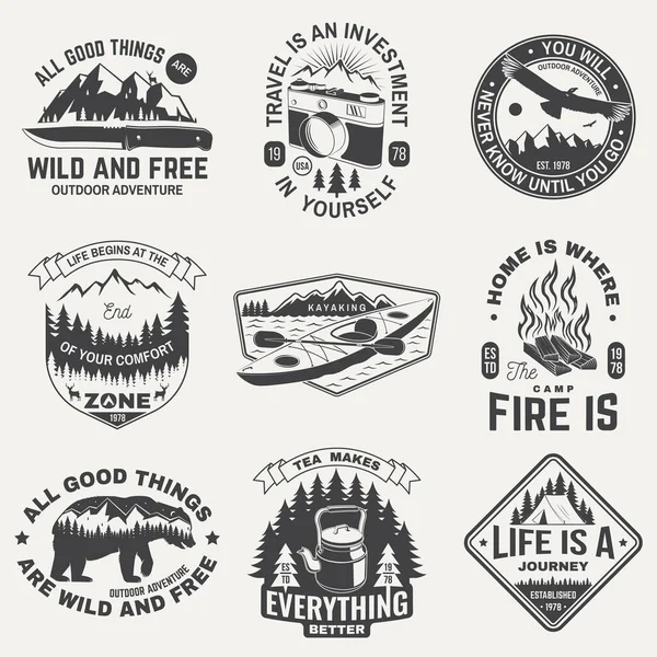 Summer camp with design elements. Vector. Camping and outdoor adventure emblems. Typography design with camping kettle, knife, tent, camping fire, kayak, camper tent , and forest silhouette.