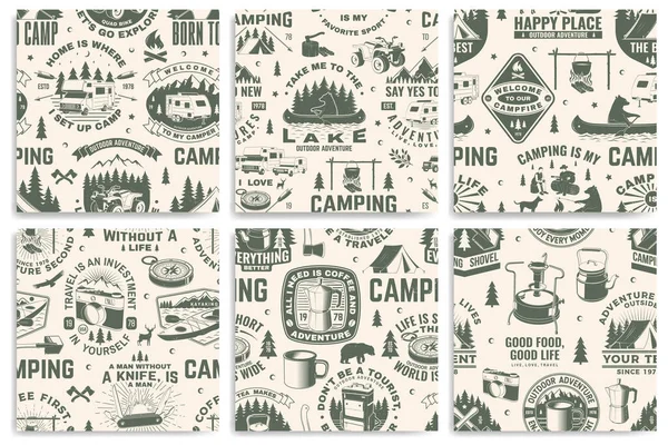 Set of outdoor adventure seamless pattern, background. Vector. Seamless camping pattern with hiking boots, camping tent, lantern, axe, mountains, bear, deer, forest silhouette. Camping texture. — Stock Vector