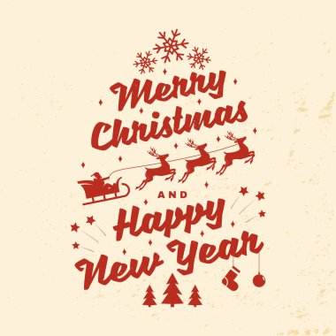 Mutlu Noeller ve 2022 yılbaşı damgası, meleklerle dolu çıkartma, geyik ve noel hediyeleriyle dolu Noel Baba. Vektör. Xmas için klasik tipografi tasarımı, geçmişe dönük yeni yıl amblemi.