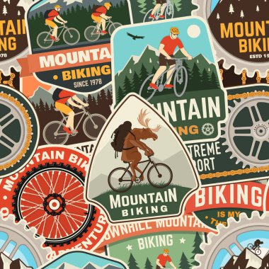 Dağ bisikletinin pürüzsüz desenleri ya da yamalı arka plan, çıkartmalı. Vektör çizimi. Gömlek, logo, baskı, pul ya da tişört konsepti. İnsan bisikleti ve dağ silueti ile duvar kağıdı tasarımı
