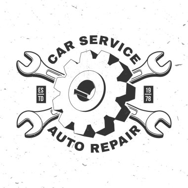 Otomatik servis logosu, amblemler, rozetler ve simgeler. Vektör. Servis arabası tamiri, restorasyon ve araba kulübü tasarım elementleri