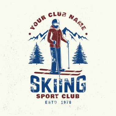 Kayak kulübü. Vector Kayak Kulübü retro rozeti, tekstil yaması. Gömlek, baskı, mühür ya da dağla damga konsepti, kayakçı adam. Aile tatili, etkinlik ya da seyahat. Logo tasarımı için yamalar.