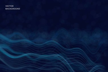 Akan dijital dalgalar ve noktalı yüzeylerle modern soyut arkaplan dinamik bir teknoloji sahnesi oluşturuyor. Vektör. İşletme, bilim, yapay zeka ve kurumsal markalaşma için yumuşak parıltı, derinlik etkisi ve temiz kompozisyon